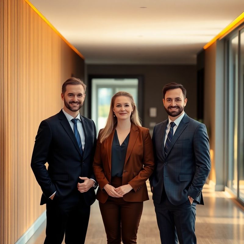 Trei consilieri AdvisoryFront într-un coridor de birou cu lumină caldă